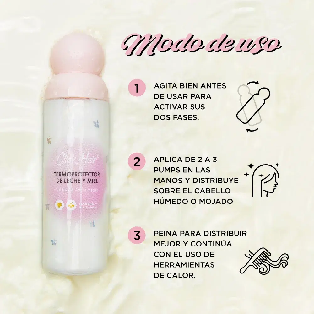 Modo-de-uso-termoprotector Termoprotector Bifásico Leche y Miel de Click, foto 2